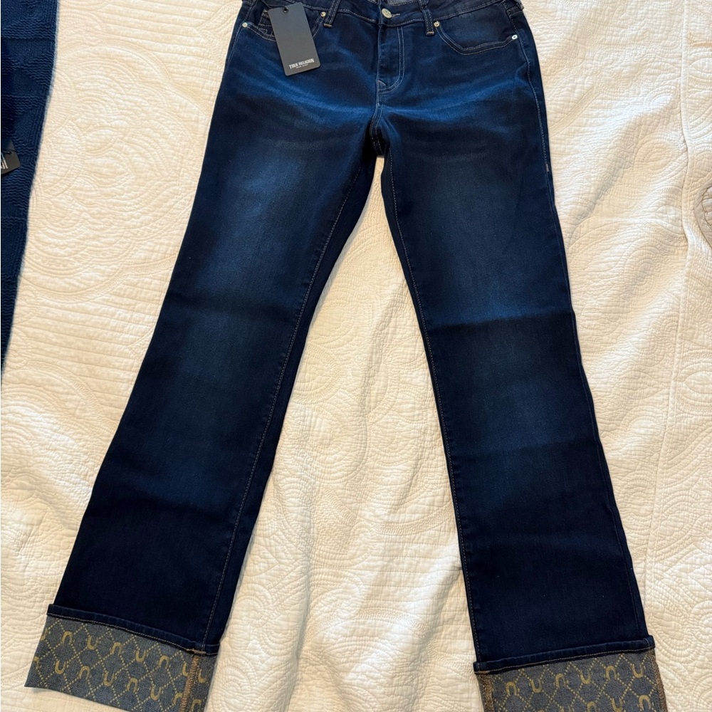 True Religion Dark Blue bootcut Jeans with Patterned Cuffs